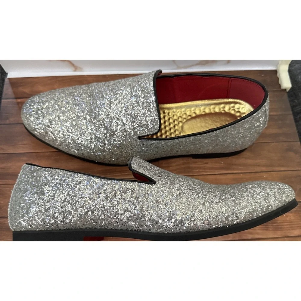 Sparkling Silver Loafers for Men Size 46 Prom Shoes US Size 12.5